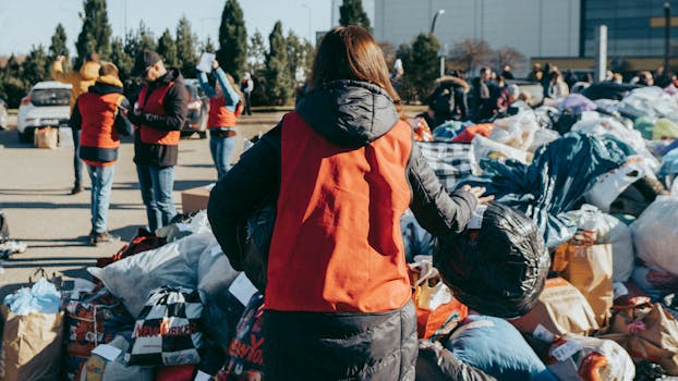 people receiving aid at a shelter